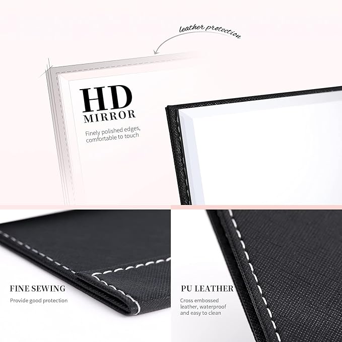 DUcare Folding Mirror Portable Travel PU Portable Adjustable Rectangular Ultrathin Vanity Mirror with Stand Black