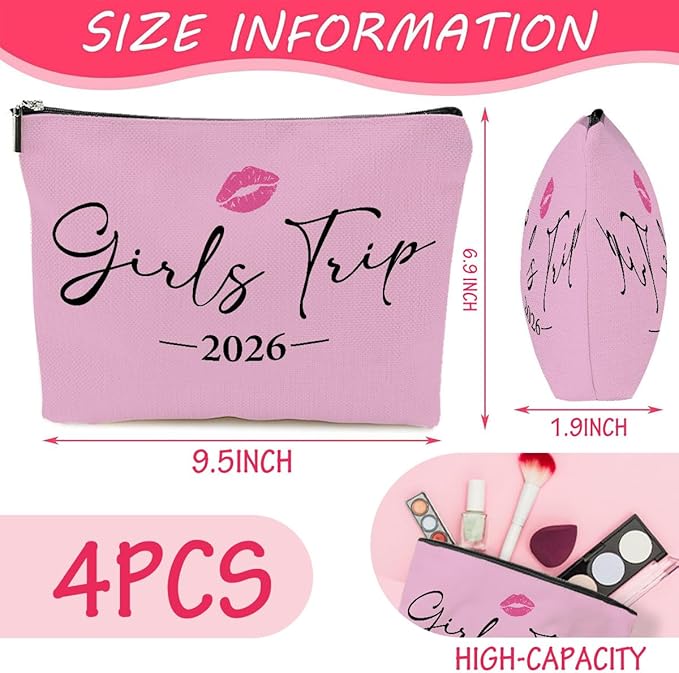 4 PCS Girls Trip Gifts girls trip gifts favors Girls Trip Makeup Bag Girls Girls Weekend Gifts Ideas for Women Cosmetic Bag Weekender Bag for Women Easter, Mother's Day, Nurses' Day, Holiday Vacation