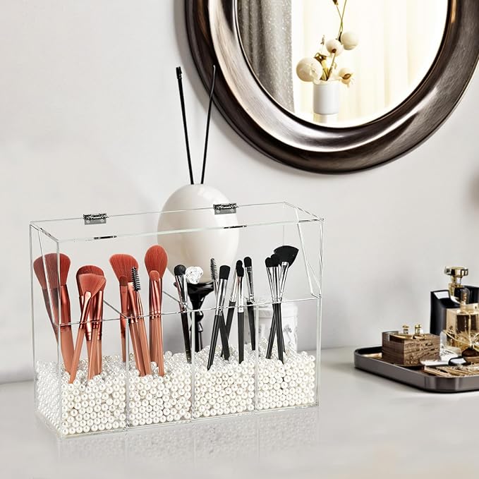 Acrylic Makeup Organizer, Clear Cosmetic Brush Storage Box With 4 Brush Holders (Pearl not included),Makeup Brush Holder with Dust Cover, Large-capacity Split Design Organize the Desktop