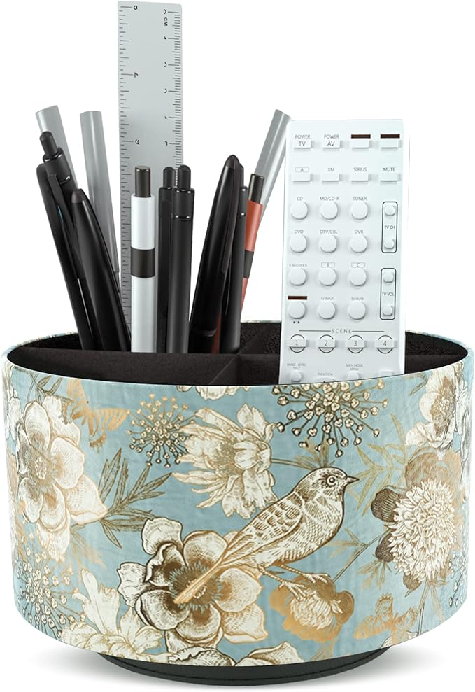 Hennaja Round Leather Art Supply Organizer,Remote Control Holder,360 Degree Rotating,Multi-Functional Pencil Holder,4 Compartments Desktop Stationary Organizer(1-Blue Bird)