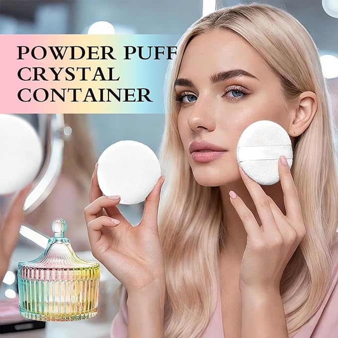2 Piece Dusting Powder Container with Puff - Large Body Powder Puff and Container, Crystal Glass Powder Container with Puff Soft Velour Washable Reusable Face & Body Use (Colorful)