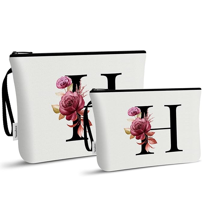 Vavabox A-Z Personalized Makeup Bag, Birthday Gifts for Women Mom, Gifts for Best Friend, Bride Bridesmaid Cosmetic bag (H, 03-White Set)