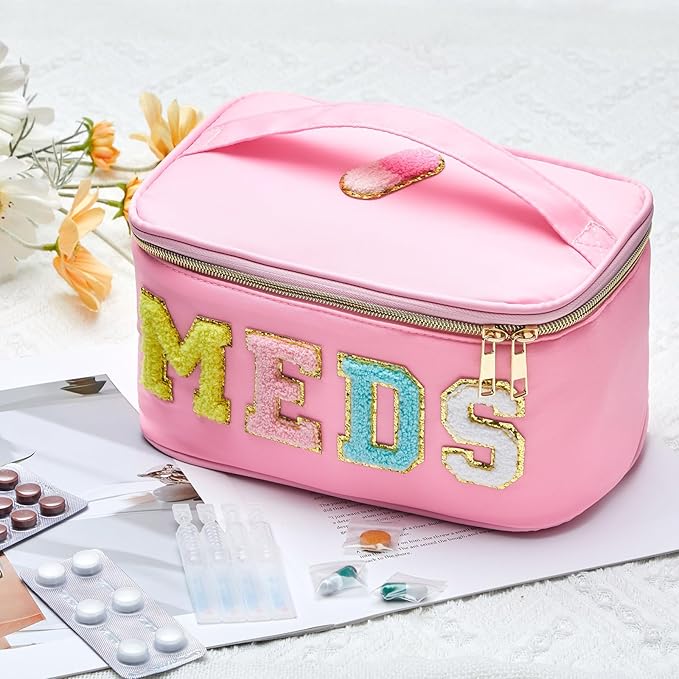 Geetery Clear Makeup Bag Chenille Letter Meds Bag Travel Cases Preppy Patch with Zipper, Portable Cosmetic Toiletry Storage case for Women(Meds,Pink)