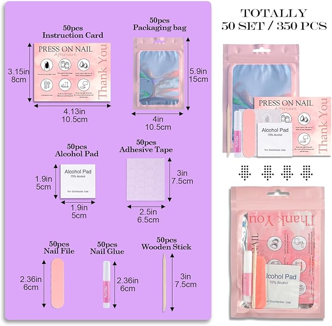 Disposable Nail Supplies Kits,Professional Manicure Press On Nail Tool Kit with Nail File,Adhesive Tabs,Nail Glue,Sticks, Prep Pads,Bags,Cards for Nail Business (350pcs50set-pink)