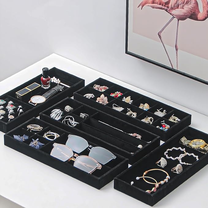 2Pcs Desk Drawer Storage Tray, Nightstand Organizer Tray, Necklace Bracelet Ring Earring Jewelry Display Tray, Grid Table Organizer Holder Tray for Sunglass, Phone, Watch, Perfume (1 grid)/Black