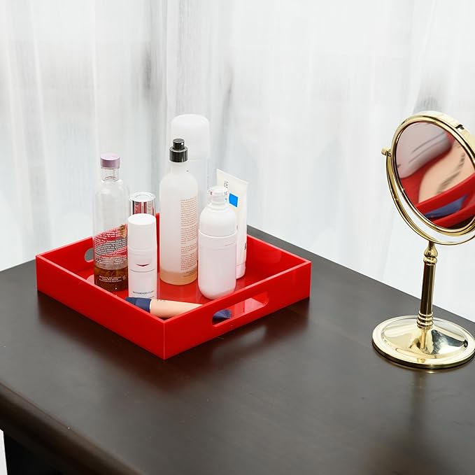 Sturdy Red Acrylic Serving Tray with Handles - 10x10Inch, Coffee/Appetizer/Butler Tray - Kitchen Countertop & Vanity Table Organizer
