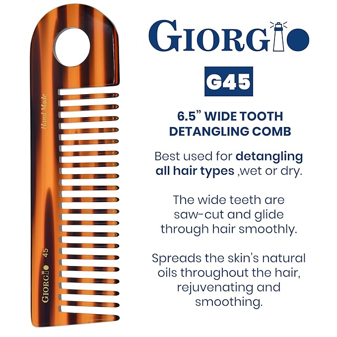 Giorgio G45 Tortoiseshell Detangling Wide Tooth Shower Comb, Easy Use for Thick Curly Wavy Hair. Long Detangler Comb For Wet and Dry Hair. Handmade, Saw-Cut, Hand Polished