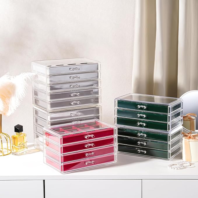 Lolalet Earring Holder Organizer Box Jewelry Storage with 6 Drawers, Clear Acrylic Stackable Earring Case with Adjustable Velvet Trays for Women on Dresser Vanity -Emerald, 6 Layers