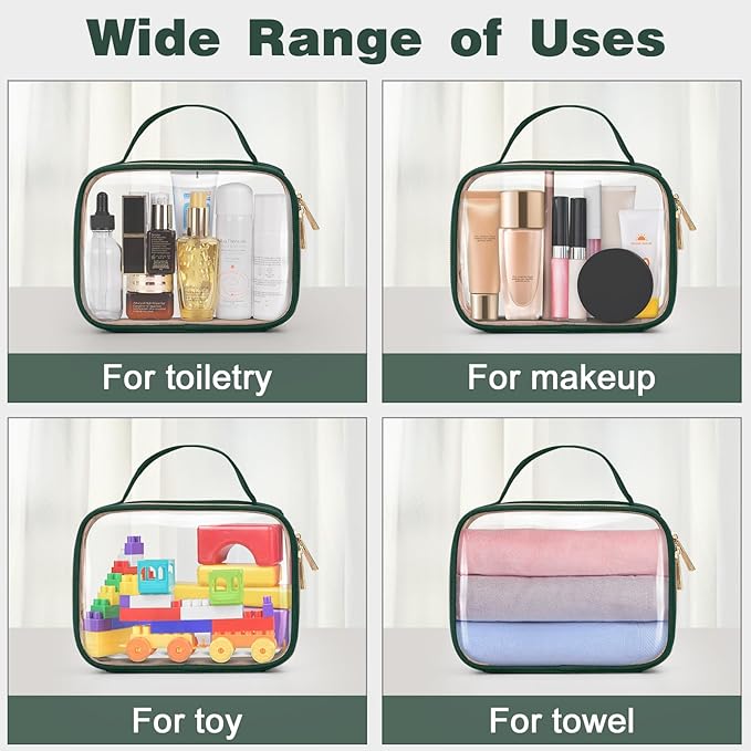 Wedama TSA Approved Toiletry Bag, 2 Pack Clear Makeup Bags with Handles, Quart Size Clear Toiletry Bags, PVC Cosmetic Bags for Women and Men, Carry on Airport Airline Compliant Bag, Dark Green