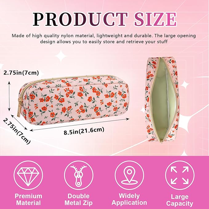 Nylon Small Makeup Bag Slim Pouch, Cute Floral Preppy Makeup Brush Bag Portable Make up Pouch with Zipper, Waterproof Travel Toiletry Bag Coin Purse Storage Organizer for Women Girls(Orange Flower)