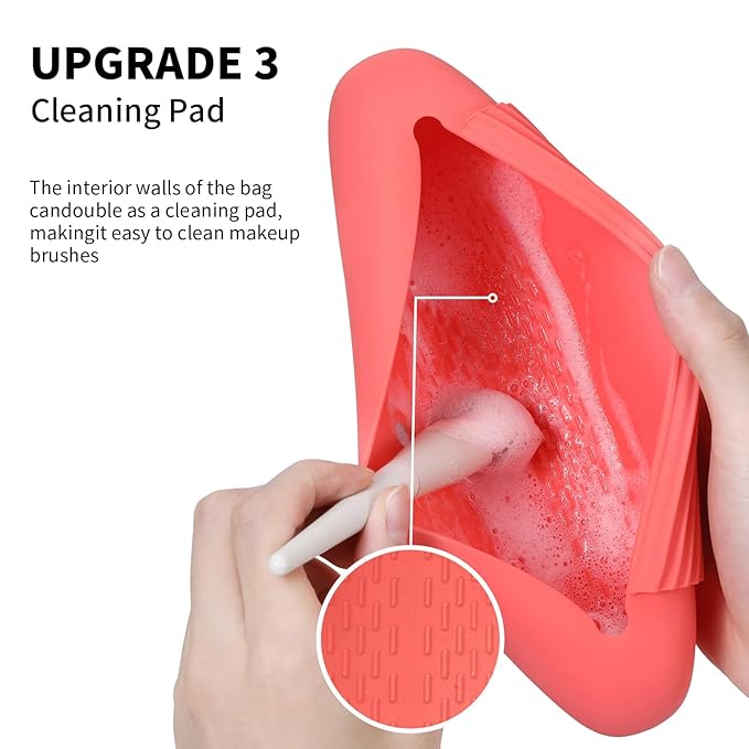 Silicone Makeup Brush Holder Travel Cosmetic Bag：Soft Portable Cosmetic Face Brushes Holder with Upgrade Anti-Fall Out Magnetic Closure, Large Travel Makeup Brush Case - Guava