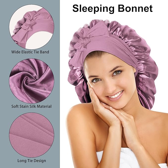 Arqumi 2 Pcs Satin Silk Bonnet for Sleeping Women, Large Long Strap Tie Band Adjustable Sleep Night Cap Hair Bonnet Wrap for Men, Black+Leather Red