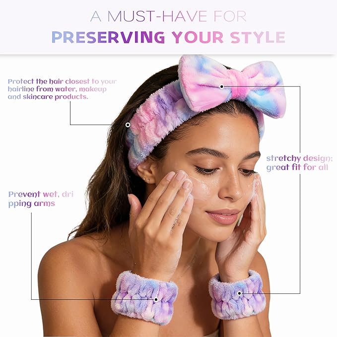 Ayesha Spa Headband and Wristband Set for Skincare Washing Face,Makeup Headband Wrist Cuffs for Preppy Skincare Women Girl