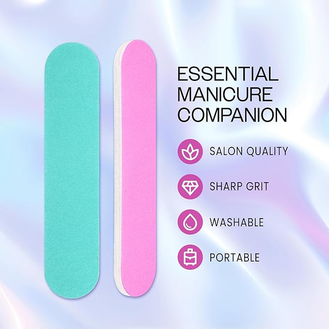 25PCS Mini Size PANA Professional Double Sided Nail Files - Pink&Teal, 180/180 Grit - Emery Board Nail Buffering File Manicure Pedicure Nail Polisher Washable
