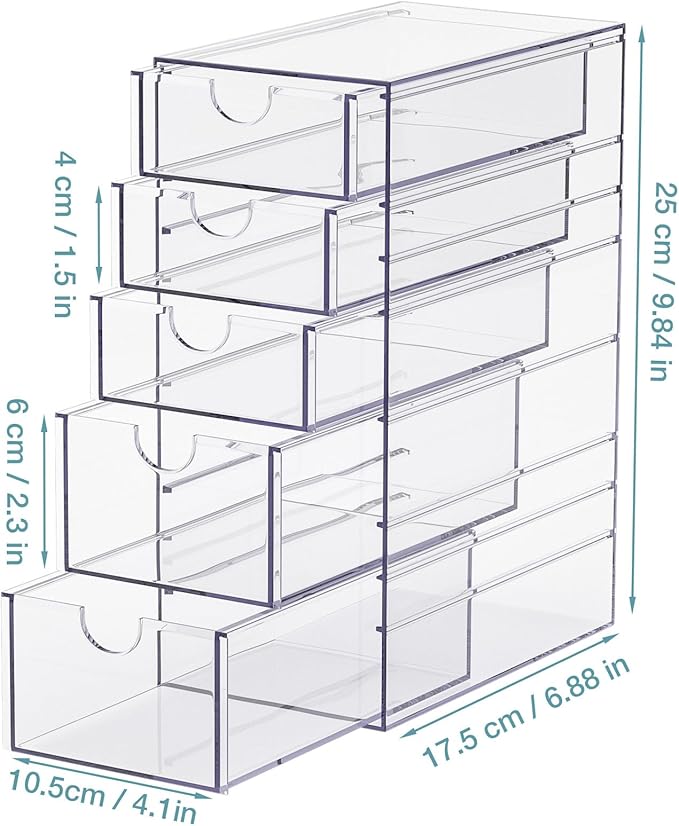 Noverlife Clear Containers for Hair Accessory Organizing, Plastic Hair Accessory Organizer Box with 5 Drawers, Hair Accessory Container, Storage Organization Drawers Set for Hair Ties Accessory
