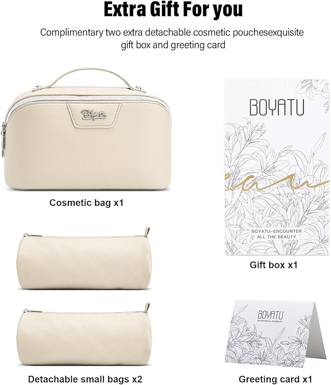 BOYATU Travel Makeup Bag Cosmetic Bags for Women: Large Capacity 3 Pcs Set Make up Bag with Compartments - Waterproof Vegan Leather Toiletry Organizer Bags with Handle (N-68Off-white)
