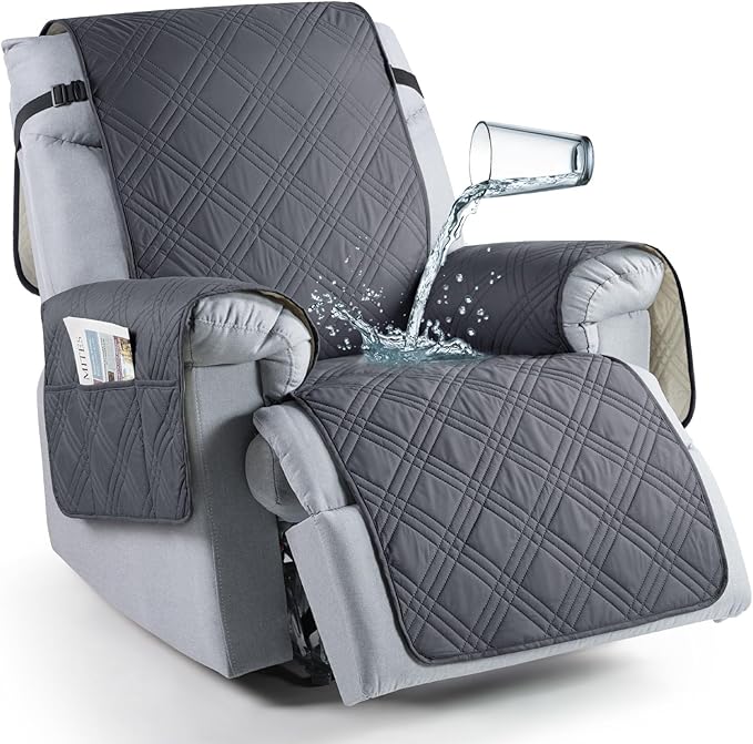 TAOCOCO 100% Waterproof Recliner Chair Covers, Non Slip Recliner Covers for Recliner Chair with Pocket, Washable Reclining Chair Cover Furniture Protector for Kids,Dogs(22'', Dark Grey)