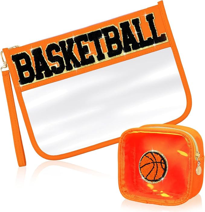 Hillban 2 Pcs Basketball Senior Night Gifts 2026 Makeup Cosmetic Bag Clear Toiletry Purse Chenille Letter Zipper Pouch Basketball Accessories for Women Sport Portable Travel Stuff Storage Case Bags