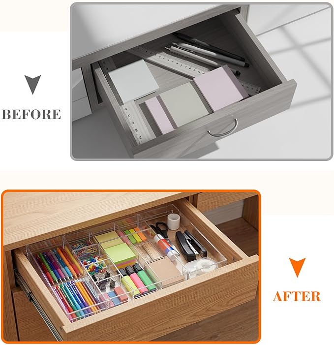 1 PC Acrylic Desk Drawer Organizer 2 Inch Height Expandable Drawer Organizer Trays with 10 Adjustable Compartments Desk Accessories for Makeup Silverware Office Bathroom(Clear, Elegant)