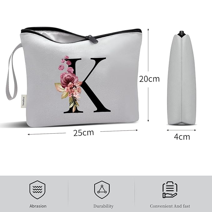Vavabox A-Z Personalized Makeup Bag, Birthday Gifts for Women Mom, Gifts for Best Friend, Bride Bridesmaid Cosmetic bag (K, Grey)