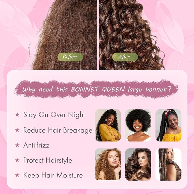 BONNET QUEEN Silk Bonnet for Sleeping Women Big Satin Bonnet Night Sleep Cap Wrap for Curly Hair with Adjustable Tie Band, Single Layer, Large, Hot Pink