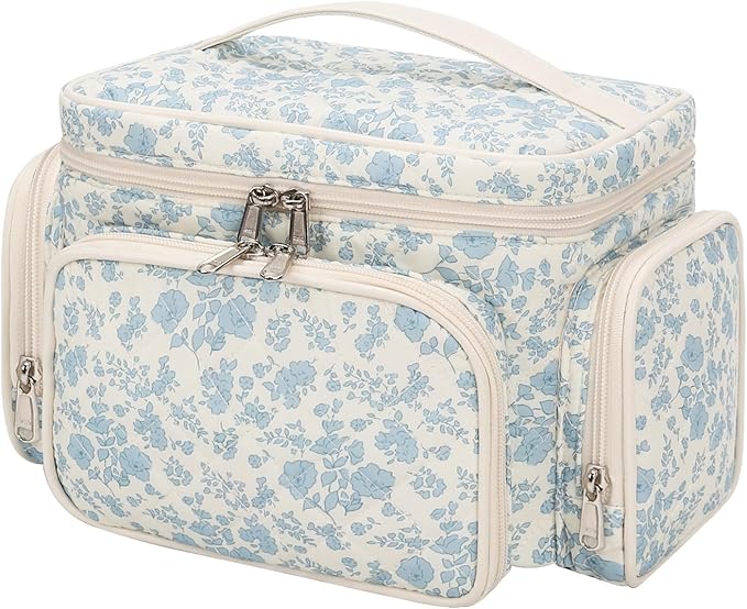 Large Cotton Makeup Bag, Quilted Floral Makeup Bag Organizer for Women Girls with Makeup Brush Compartment & Two Side Pockets, Cosmetic Travel Bag Vertical Storage- Blue Flower