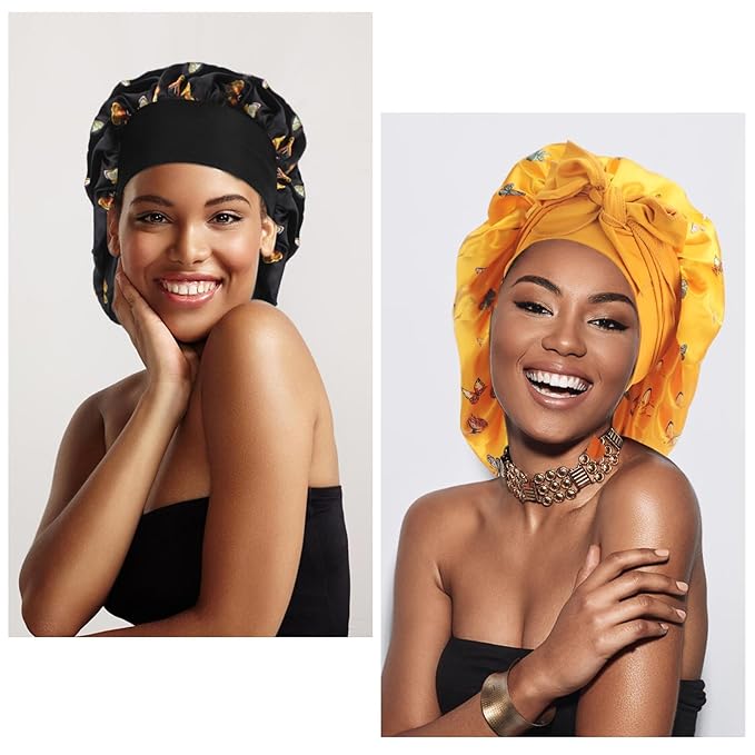 Arqumi Pack of 2 Satin Sleeping Bonnet, Large Satin Sleep Bonnet, Long Strap, Adjustable Sleep Cap Hair Bonnet, Butterfly Pattern Black+Yellow