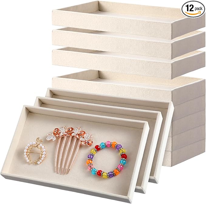 12 Pack 1 Grid Velvet Jewelry Trays, Stackable Jewelry Drawers Organizer Inserts, Beige Jewelry Storage Display Trays for Necklace, Earring, Ring, Bracelet, 8x4.6x0.91 Inches