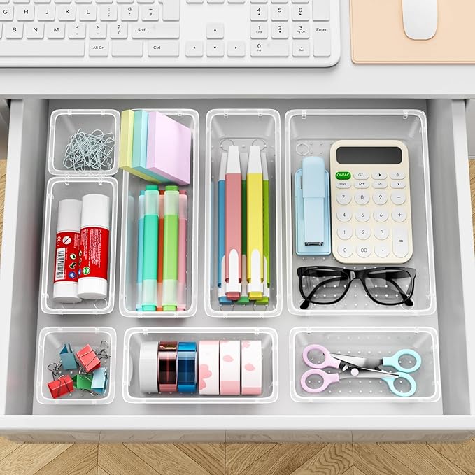 48 PCS Drawer Organizer Set, 4 Sizes Tool Storage Trays, Clear Plastic Makeup Vanity Organizer and Storage Bins for Makeup, Stationeries, Multiple Gadgets for Bathroom, Office, Bedroom