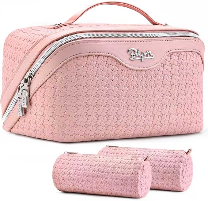 BOYATU Travel Makeup Bag Cosmetic Bags for Women: Large Capacity 3 Pcs Set Make up Bag with Compartments - Waterproof Vegan Leather Toiletry Organizer Bags with Handle (L17 Pink)