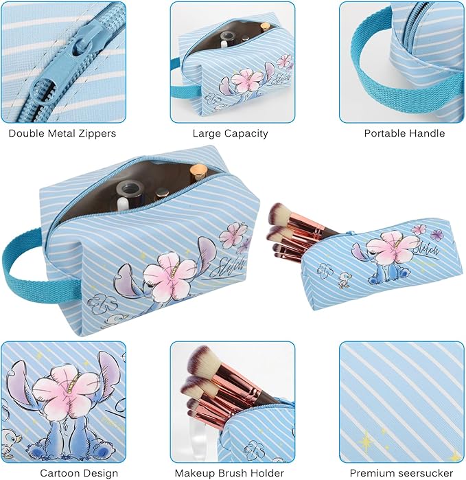 Travel Cosmetic Bag, Large Capacity Cartoon Cosmetic Pouch Makeup Bag with Zipper, Travel Toiletry Bag Makeup Accessories Organizer, The Best Gift for Women (Blue)