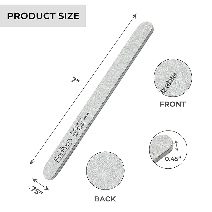 ForPro Professional Collection Zebra Foam Board, 180/180 Grit, Double-Sided Manicure Nail File, 7” L x .75” W, 50-Count