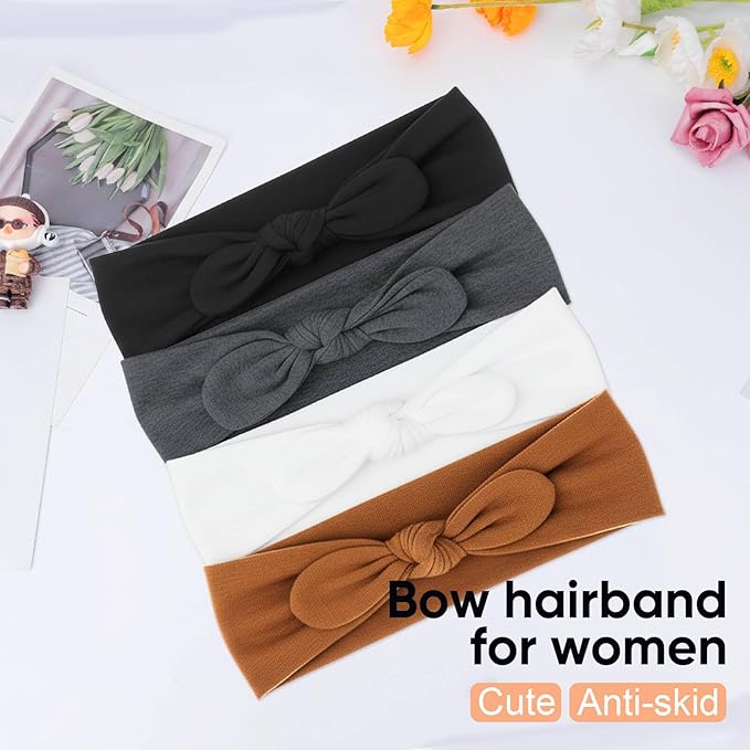 DRESHOW 4 Pack Headbands for Women Bow Knotted Hair Band Facial Cloth Rabbit Ears Running Sport Elastic Hair Wrap