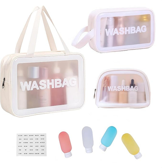 Waterproof Clear Frosted Travel Toiletry Bag For Men & Women: 3-Size Handle Cosmetic Case + 4 Pre-Labeled 2Oz Bottles & Sticker. Large Washbag Organizer. (Pristine White)