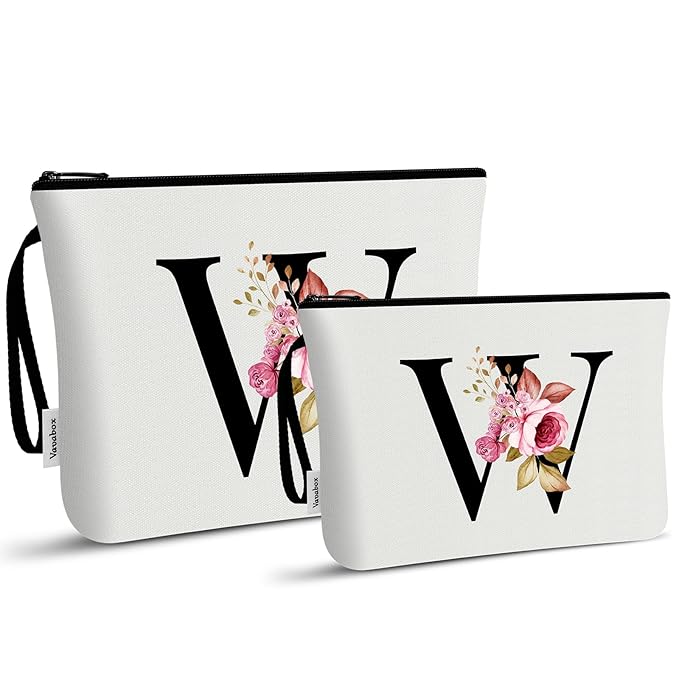 Vavabox A-Z Personalized Makeup Bag, Birthday Gifts for Women Mom, Gifts for Best Friend, Bride Bridesmaid Cosmetic bag (W, 03-White Set)