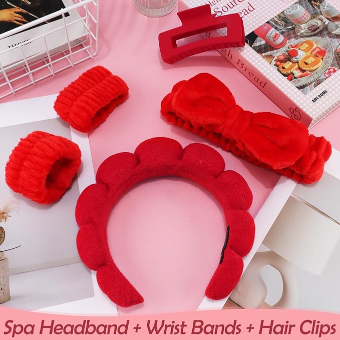 Canitor Spa Headband Wrist Bands Set with Hair Clips Skincare Skin Care Makeup for Washing Face Red Gifts for Women Preppy Tween Teen Girl Cute Trendy Stuff