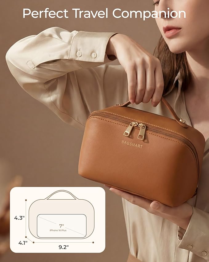 BAGSMART Makeup Bag Travel Cosmetic Bag, Large Make Up Bag Flat Open Toiletry Bag for Women, PU Leather Travel Essentials Organizer Case, Wide-open Pouch Purse for Skincare, Brushes, Coffee Brown