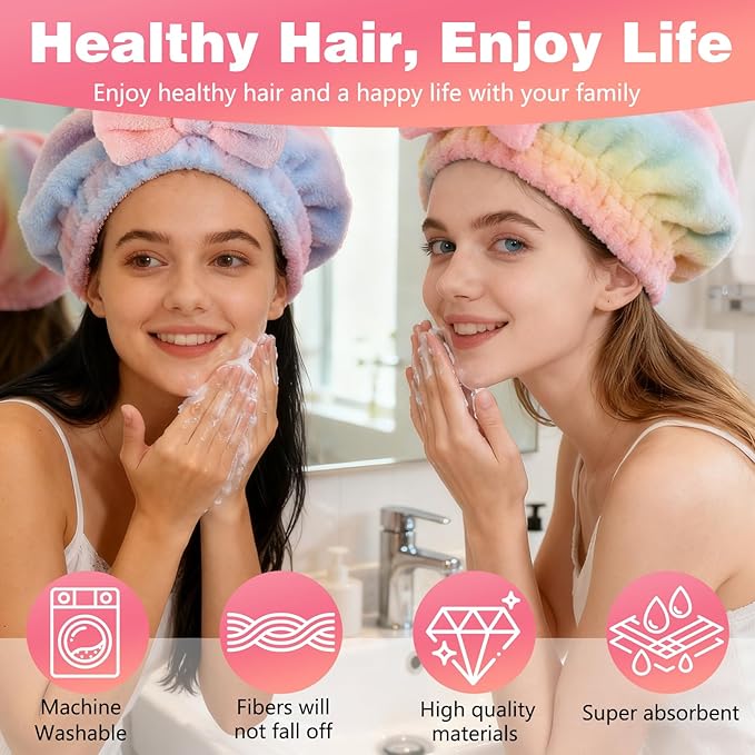 2PCS Super Absorbent Hair Towel Wrap for Wet Hair,Microfiber Hair Drying with Caps Bow Design,2026 New Fast Drying Hair Turban Wrap Towels Shower Cap for Girls and Women (Mix)