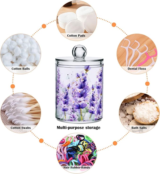 2 Pack Qtip Holder Dispenser Purple Lavender Storage Canister Bathroom Acrylic Plastic Apothecary Jars Vanity Organizer Lid for Cotton Swab/Ball/Pad