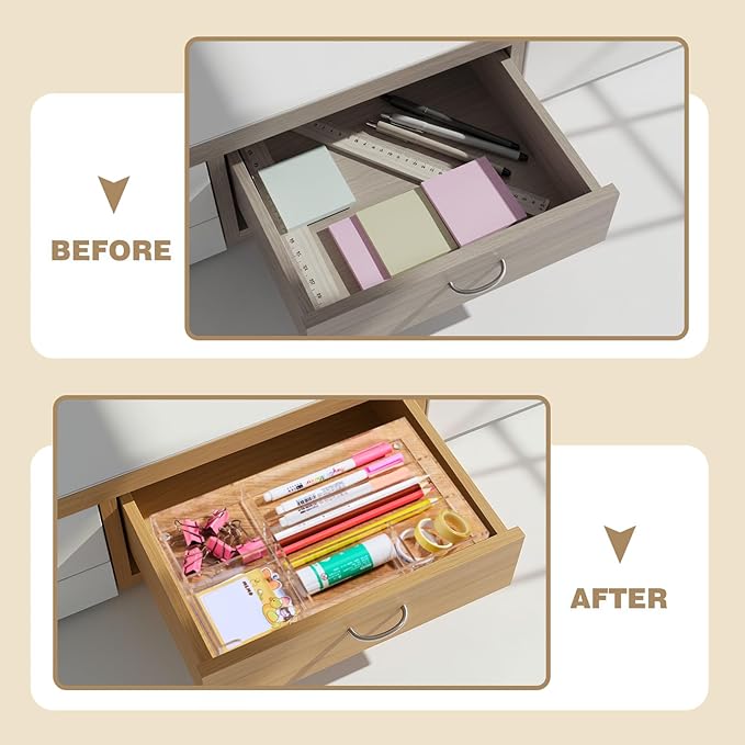 2 Pcs Clear Acrylic Desk Drawer Organizer 11 x 6 x 1.38 Inch Drawer Organizer Trays with 6 Compartments Desk Accessories for Office Makeup Silverware Bathroom