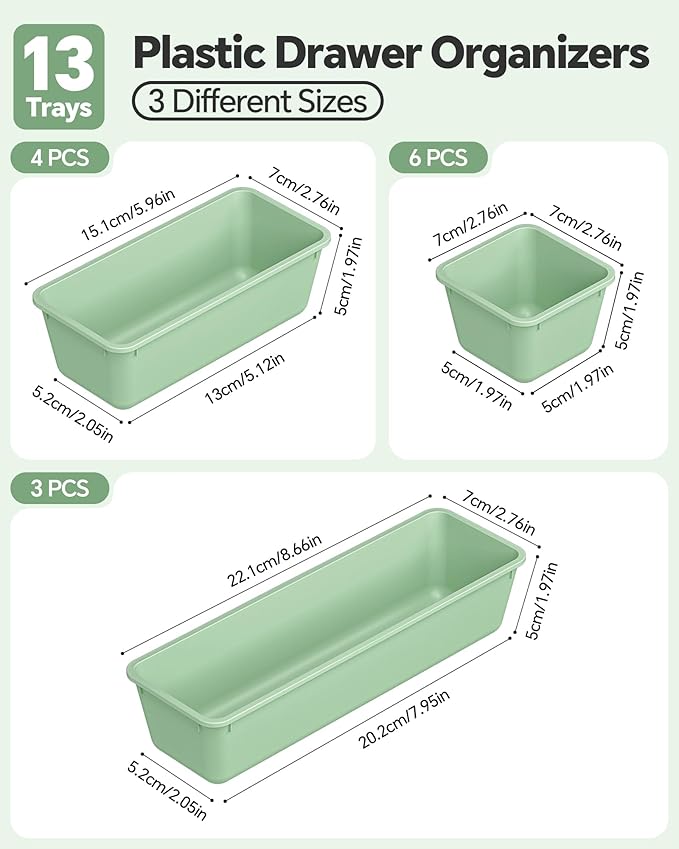 13 Pack Plastic Drawer Organizers Set, 3 Sizes Desk Drawer Organizer Trays for Vanity and Makeup Organizer, Organization and Storage for Makeup, Kitchen Utensils, Bathroom and Office(Green)