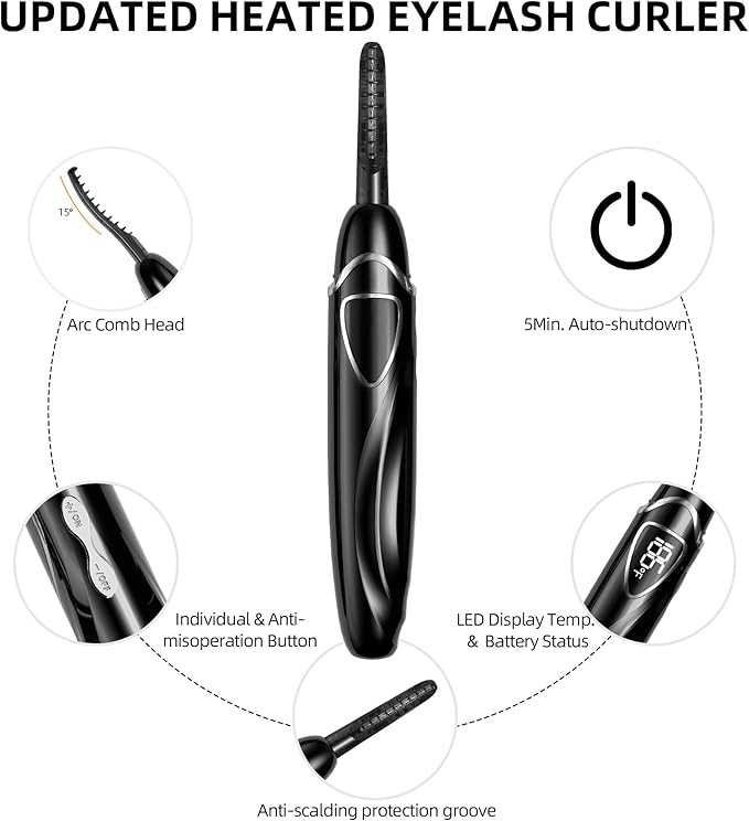 Heated Eyelash Curler, S600 Heated Lash Curler, Accurate Temperature Control Electric Eyelash Curler Heated - Intelligent Power Off, Long Lasting (Black/Silver, S600-148MM)
