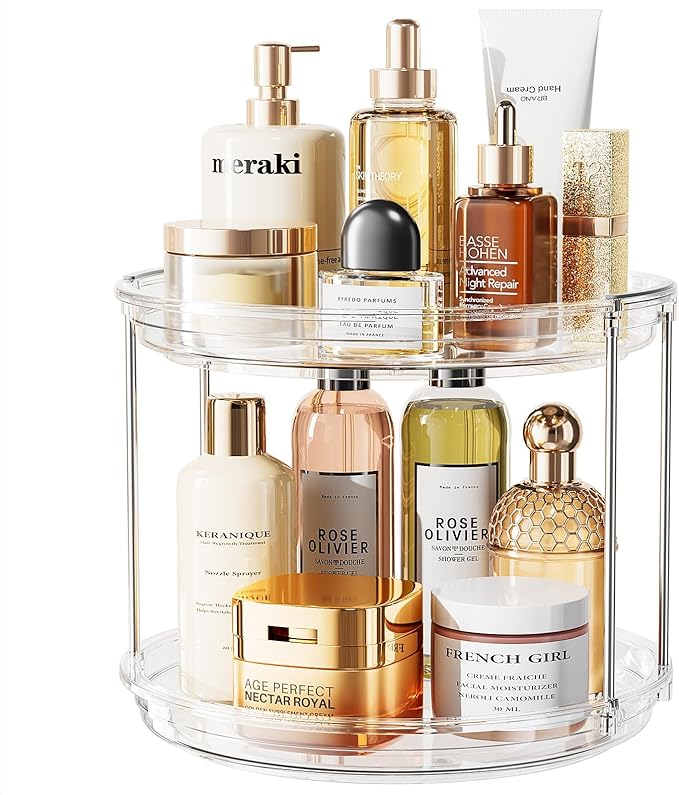 LAMU Rotating Makeup Organizer for Vanity, 10.6in 2 Tier Lazy Susan Turntable Stackable Spinning Skincare Organizer Cosmetic Perfume Tray Display for Bathroom Counterop, Large Capacity, Clear