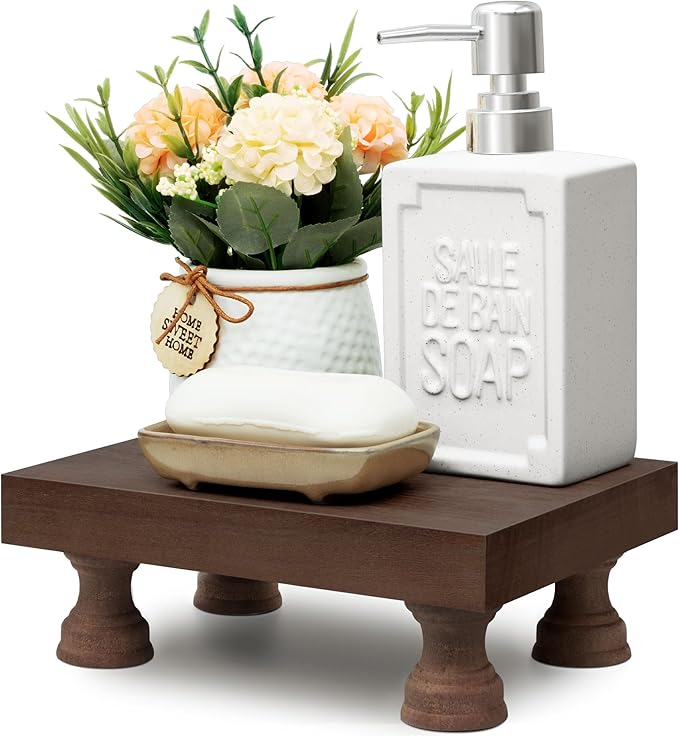 EOSAHR Decorative Wood Riser for Room Decor : Modern Farmhouse Pedestal Stand For Display Your Home Decoration and Soap Stand - Retro Wooden Tray for Bathroom and Kitchen Counter Decor (Rustic Brown)