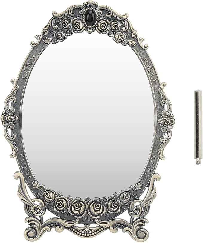 Cyrank Vintage Makeup Mirror, Oval Floral Mirror Decorative Tabletop Makeup Metal Vintage Cosmetic for Home Decorative(Bronze)