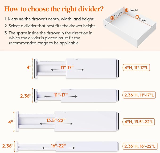 Lifewit 5 Pack Kitchen Drawer Dividers 2.36" High, 16"-22" Adjustable Drawer Organizer for Utensils/Clothes/Makeup, Plastic Expandable Separators in Dresser/Bedroom/Bathroom/Office Storage