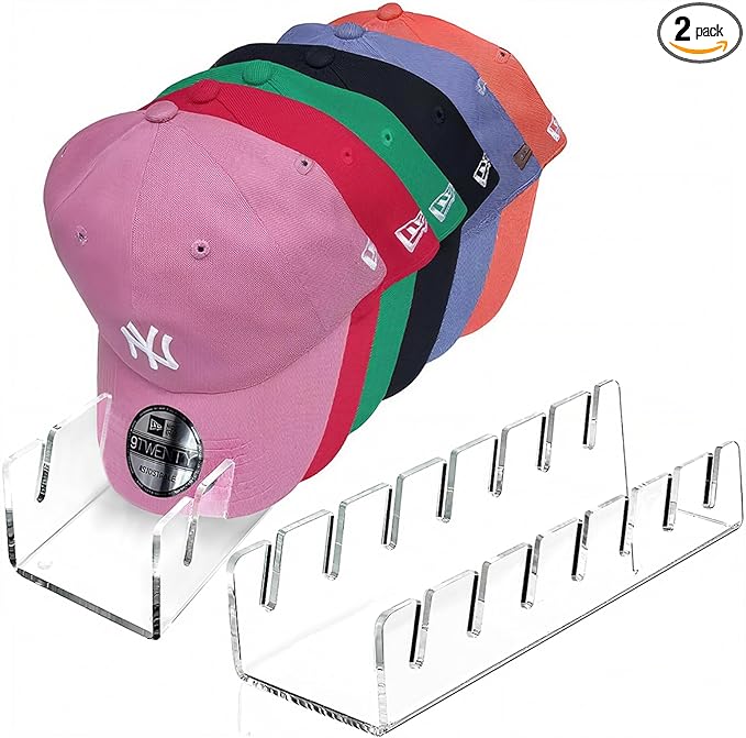 Hat Organizer for Baseball Caps, 2 Pcs No Install Acrylic Hat Stand for 14 Baseball Caps, Hat Racks for Caps Display and Organizer for Bedroom, Closet, Dresser, Office, Hat Holder