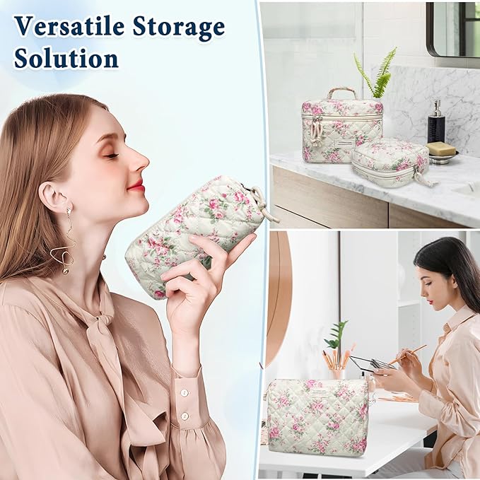 VIWIME Makeup Cosmetic Bag, Large Cotton Quilted Travel Coquette Aesthetic Cute Floral Make up Bag for Women Toiletry Bag Organizer (207- Pink Flower)