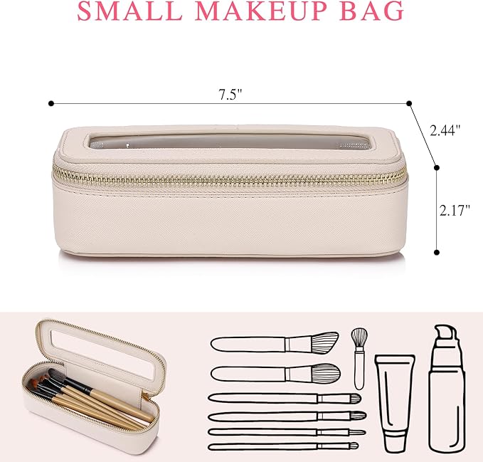 Clear Travel Makeup Bag with Brush Case Portable Transparent Cosmetic Bag and Toiletry Bag Waterproof Makeup Organizer with Zipper Car Essential for Women (Beige, M+Slim)