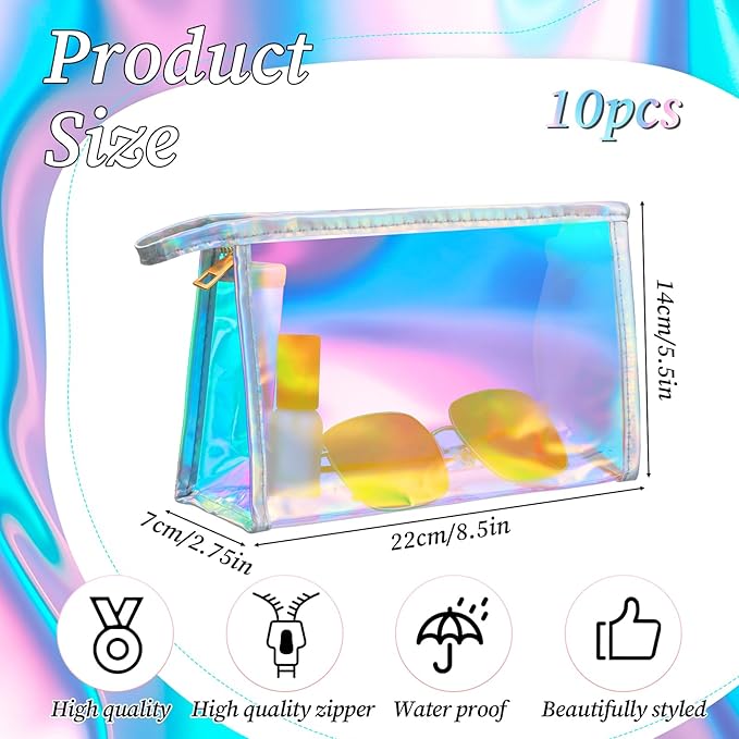 10 Pcs Holographic Makeup Bags Bulk, Iridescent Makeup Bag, Portable Zipper Toiletry Bag Clear Waterproof Holographic Cosmetic Bags, Women's Gifts